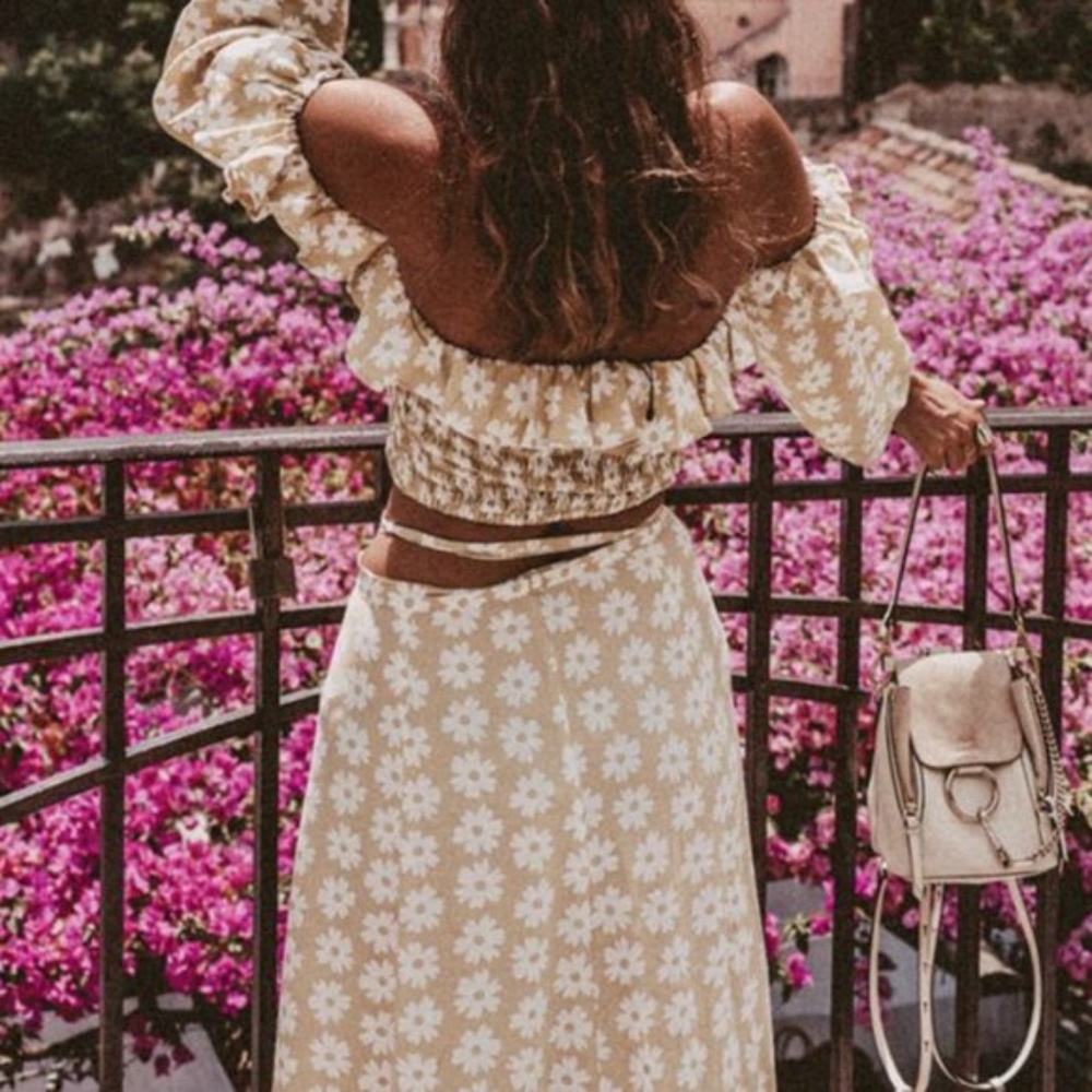 Boho floral ruffle Off Shoulder crop top Skirt set - Picture 3 of 5